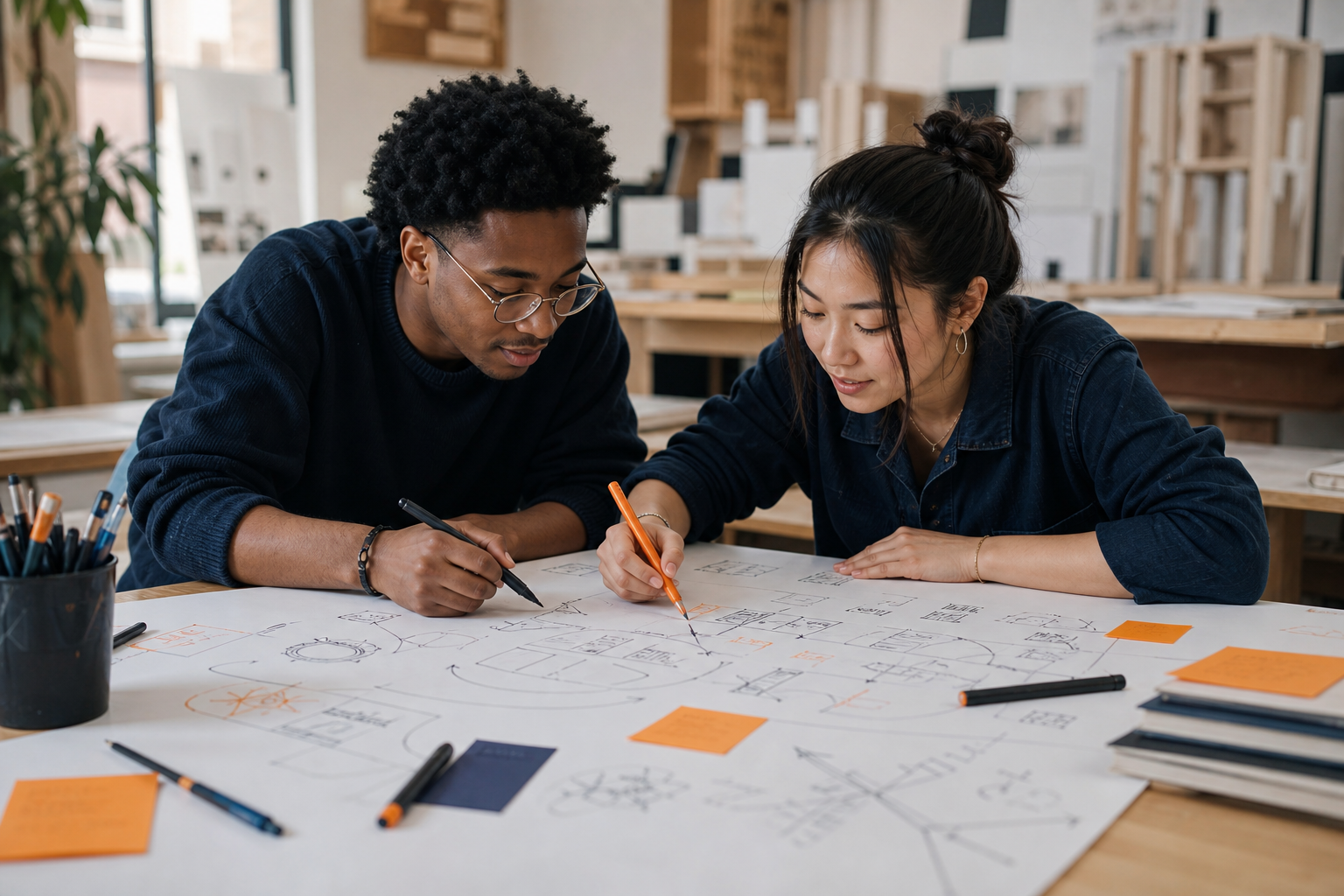 Two university students sketching, annotating and connecting ideas together across a large sheet of paper